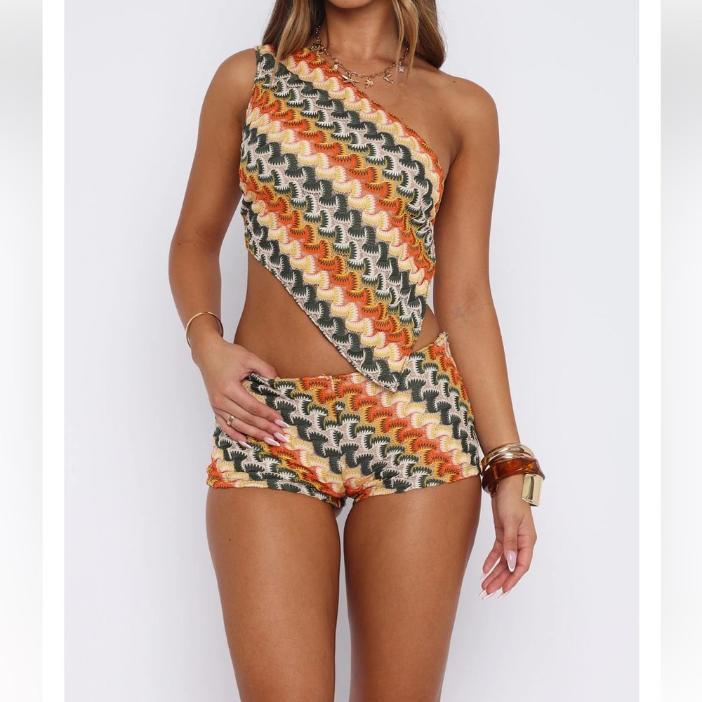 White Fox Boutique One-Shoulder Crochet Cutout Romper in Orange, Green, Cream
